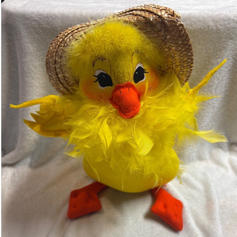 Annalee Mobilitee Dolls 2006 Easter Chick Yellow Feather Duck Straw Hat Vintage